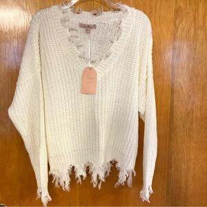 Love Tree Sweater Women's Size L Cream Distressed Edges  Boho Pullover